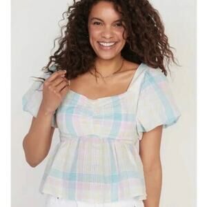 Puff Sleeve Peplum Babydoll Smocked Seersucker‎ Blouse Size M